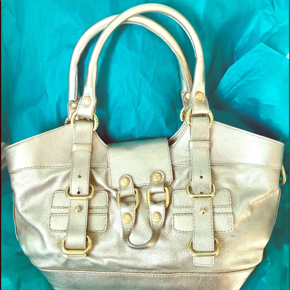 Stuart Weitzman Platinum Leather & Gold Bag Italy